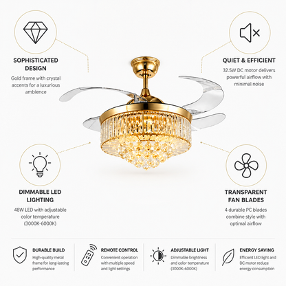 Ceiling Fan Crystal Shade Dimmable LED Quiet Motor