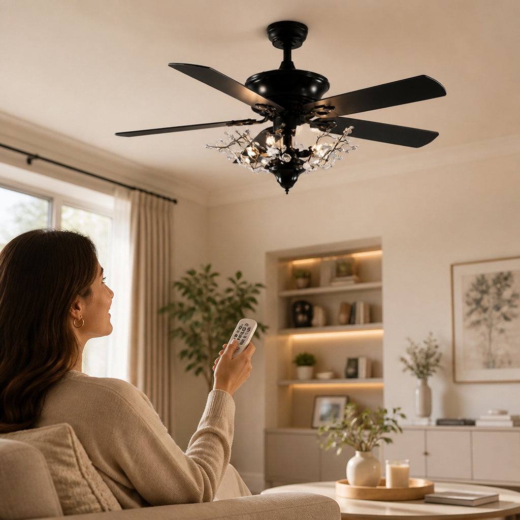 Ceiling Fan Crystal Shade Remote Control & Reversible Blades