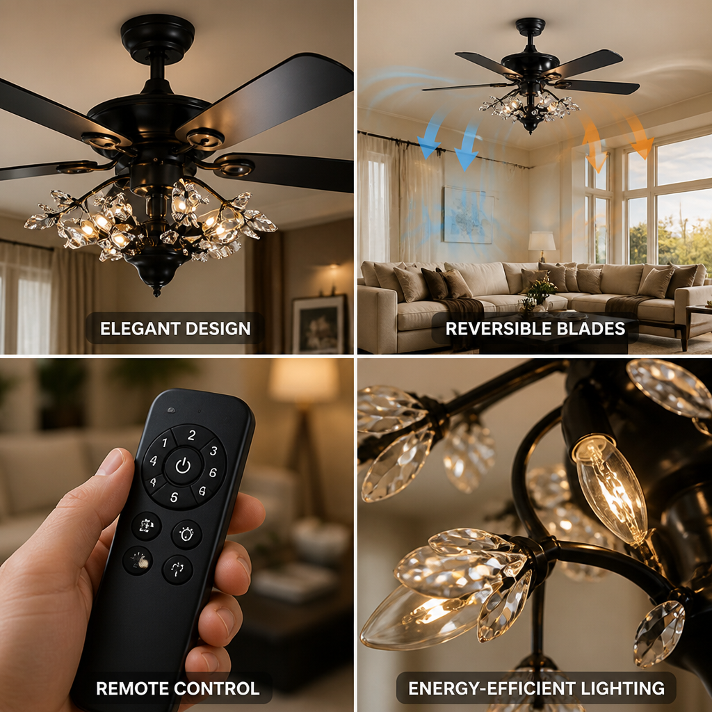 Ceiling Fan Crystal Shade Remote Control & Reversible Blades