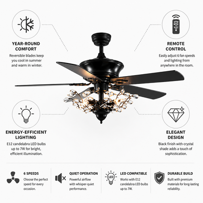 Ceiling Fan Crystal Shade Remote Control & Reversible Blades