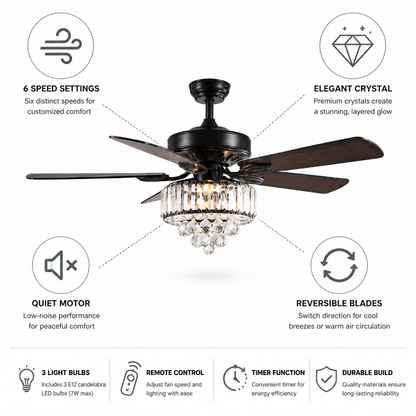 Ceiling Fan Light Crystal 52 Inch Quiet Motor