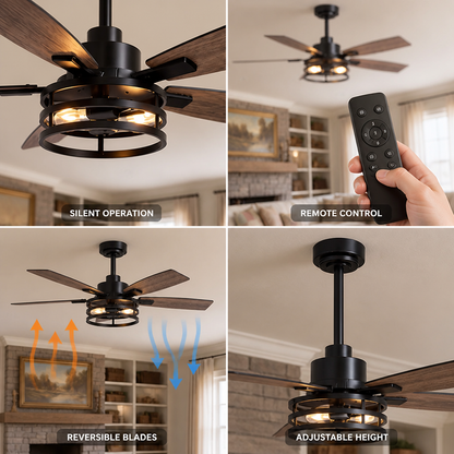 Ceiling Fan Modern Black Remote Control Reversible Blades