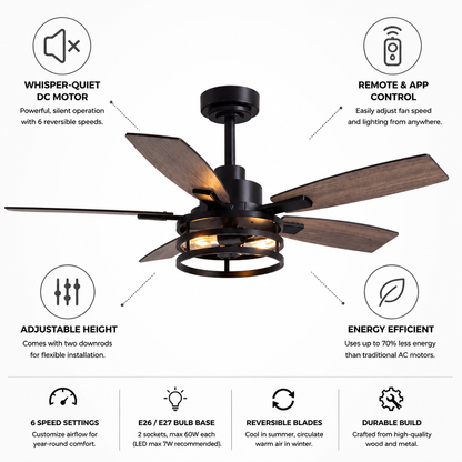 Ceiling Fan Modern Black Remote Control Reversible Blades