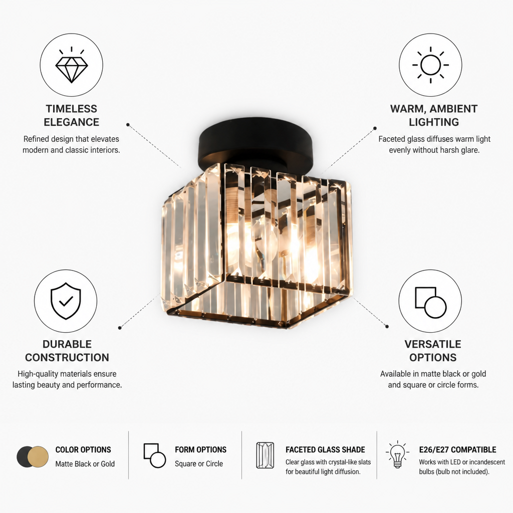 Ceiling Lamp Faceted Glass Shade & Matte Metal Base