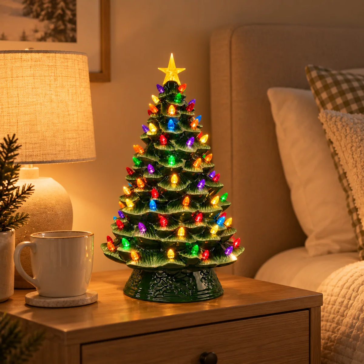 Ceramic Christmas Tree Warm LED Lights Multicolor Bulbs Star Topper