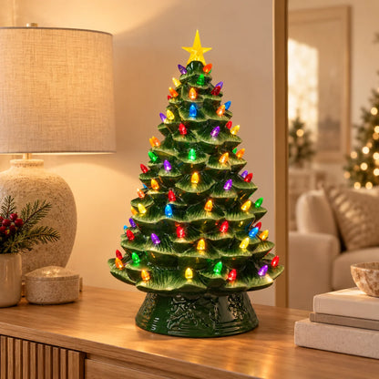 Ceramic Christmas Tree Warm LED Lights Multicolor Bulbs Star Topper