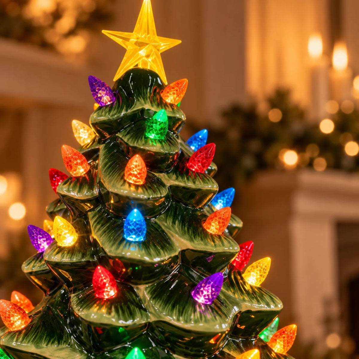 Ceramic Christmas Tree Warm LED Lights Multicolor Bulbs Star Topper
