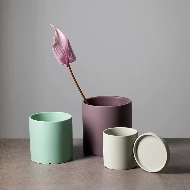 Ceramic Flower Pot With Saucer Drainage Hole Matte Glazed Finish