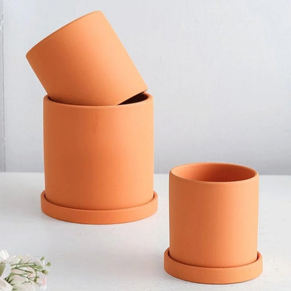 Ceramic Flower Pot With Saucer Drainage Hole Matte Glazed Finish
