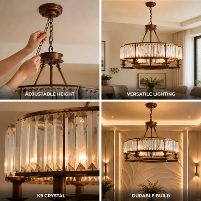 Chandelier Round Metal Frame & K9 Crystal Adjustable Height