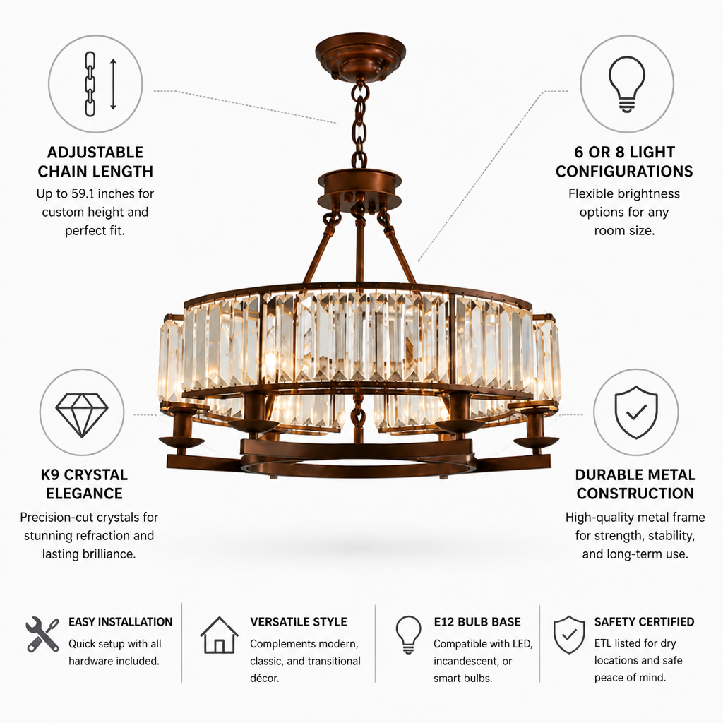Chandelier Round Metal Frame & K9 Crystal Adjustable Height