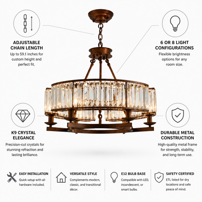 Chandelier Round Metal Frame & K9 Crystal Adjustable Height