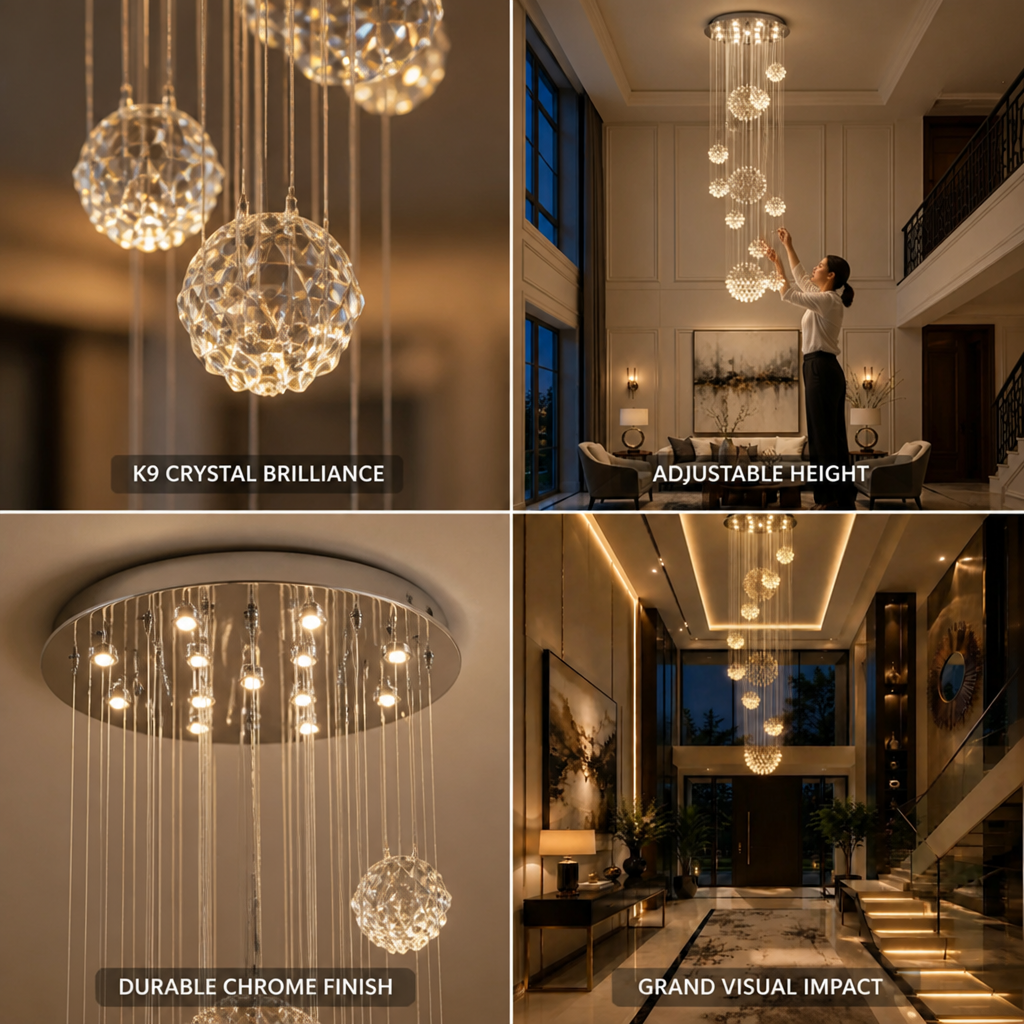Chandelier Spiral Raindrop K9 Crystal & Chrome Canopy Adjustable Height