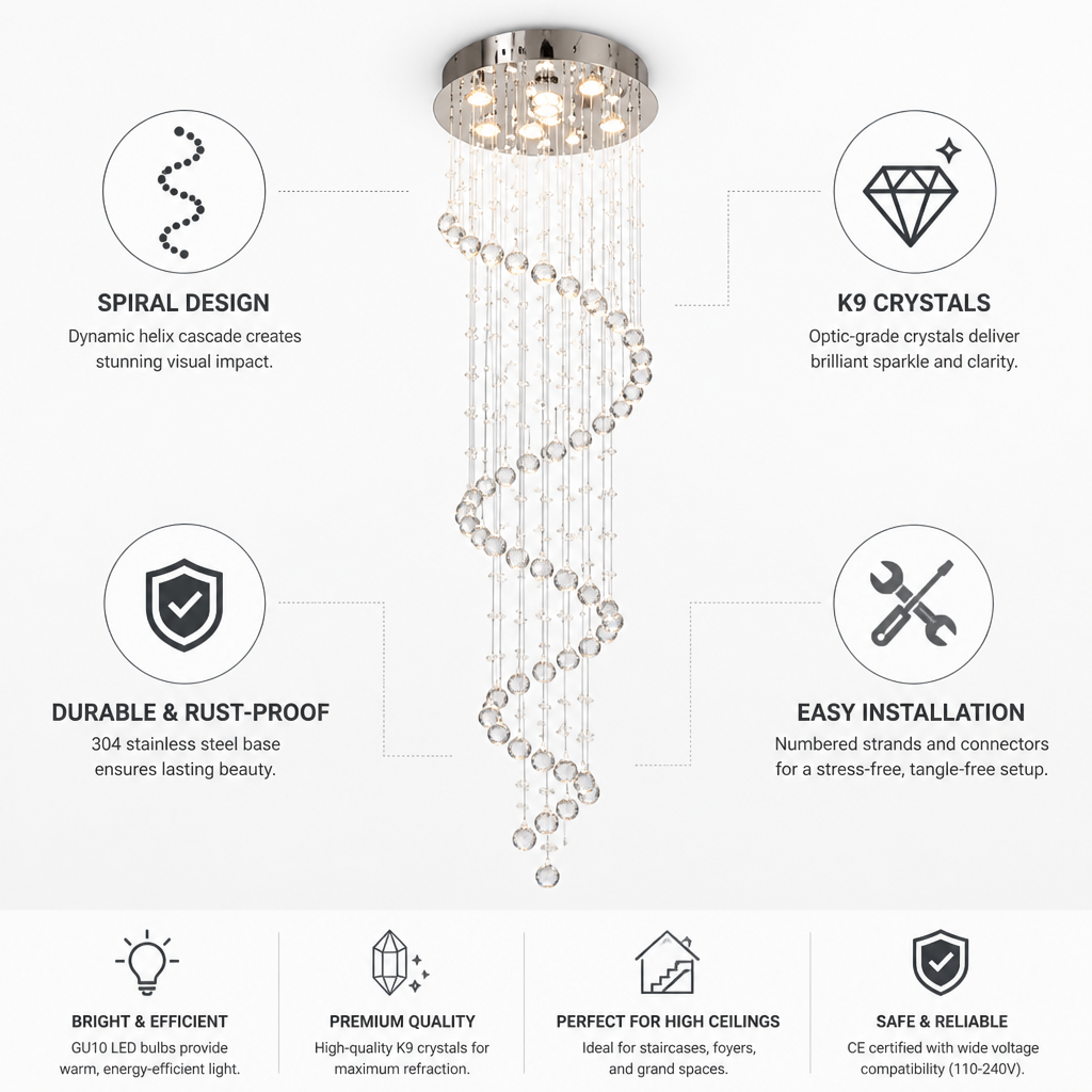 Chandelier Spiral Raindrop K9 Crystal & Stainless Steel