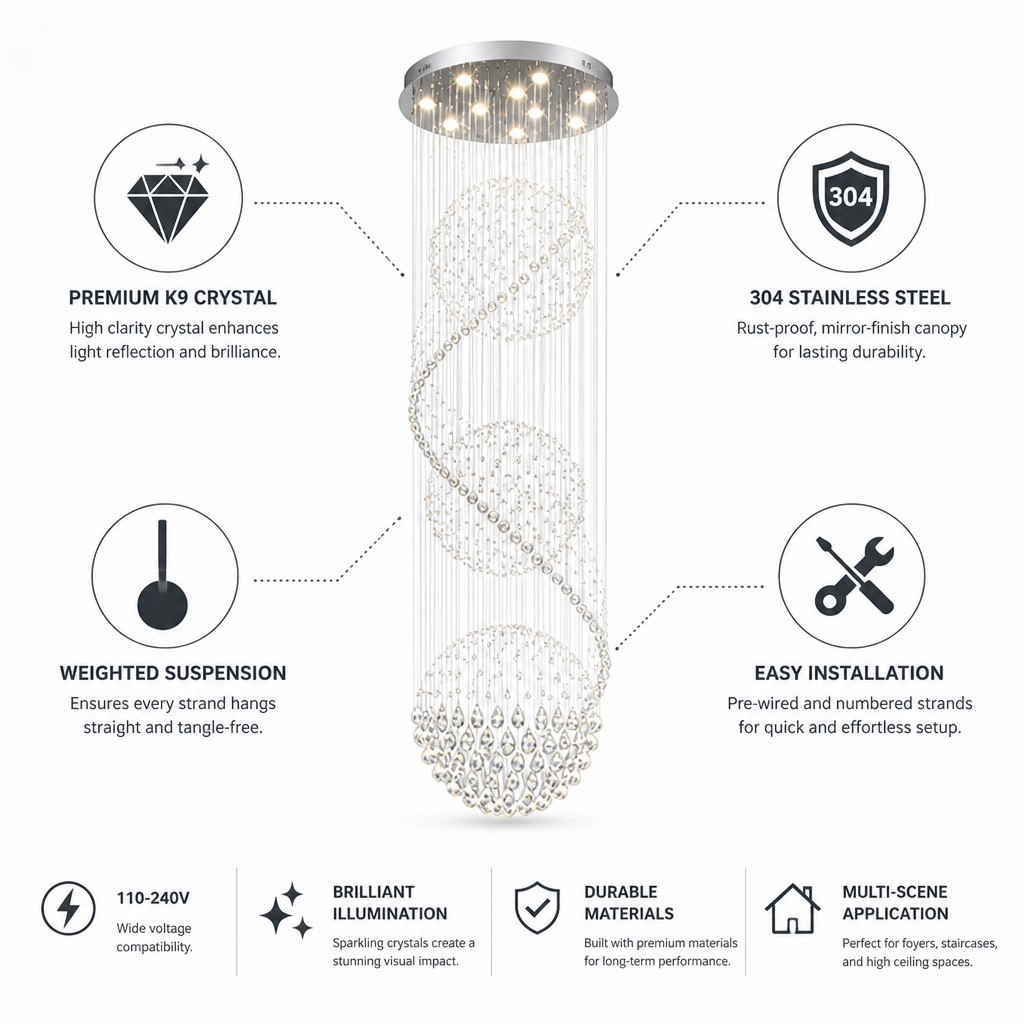Chandelier Spiral Three-Sphere K9 Crystal & 304 Stainless Steel