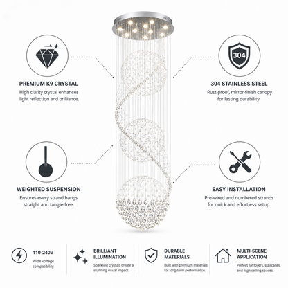Chandelier Spiral Three-Sphere K9 Crystal & 304 Stainless Steel