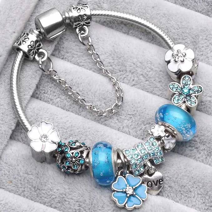 Charm Bracelet Sterling Silver Floral Adjustable Length