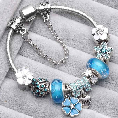 Charm Bracelet Sterling Silver Floral Adjustable Length
