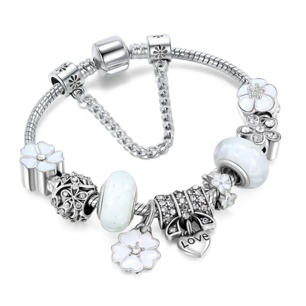 Charm Bracelet Sterling Silver Floral Adjustable Length