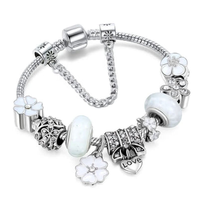 Charm Bracelet Sterling Silver Floral Adjustable Length