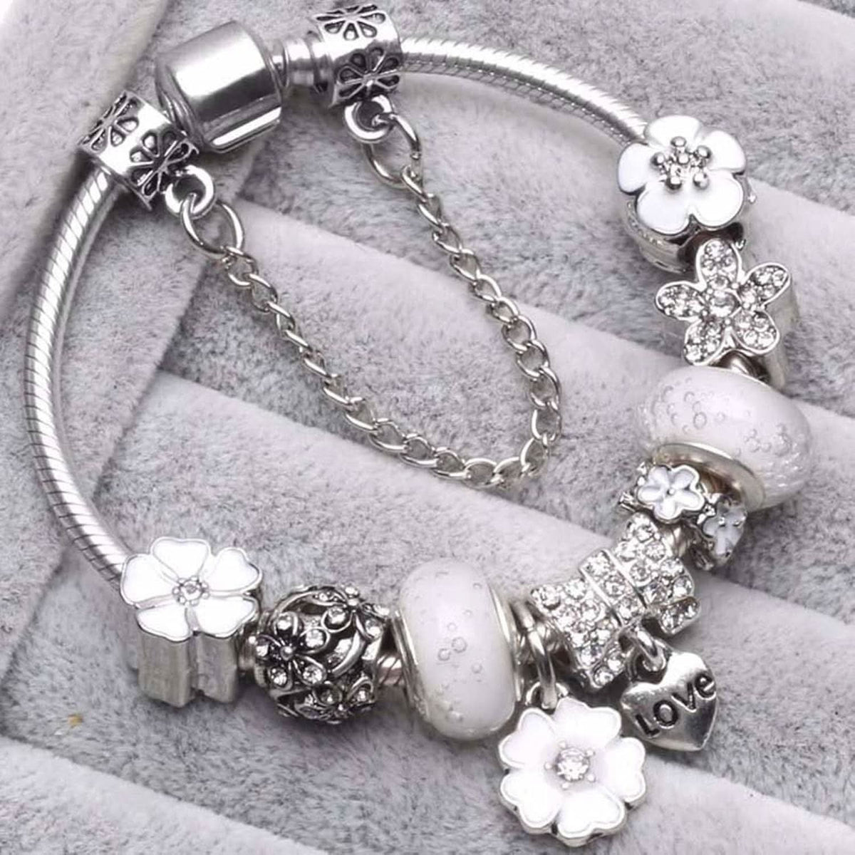 Charm Bracelet Sterling Silver Floral Adjustable Length