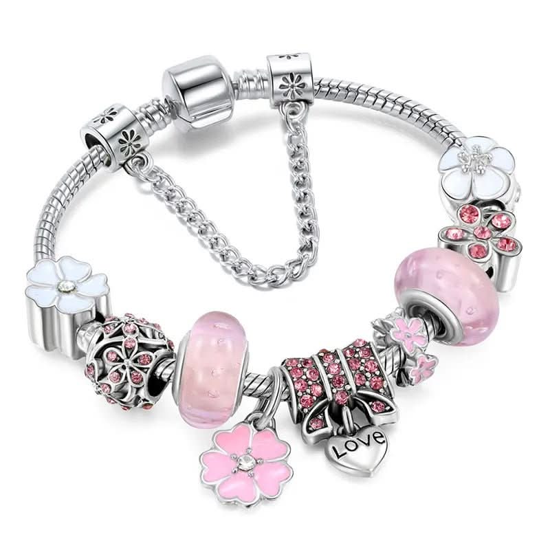 Charm Bracelet Sterling Silver Floral Adjustable Length