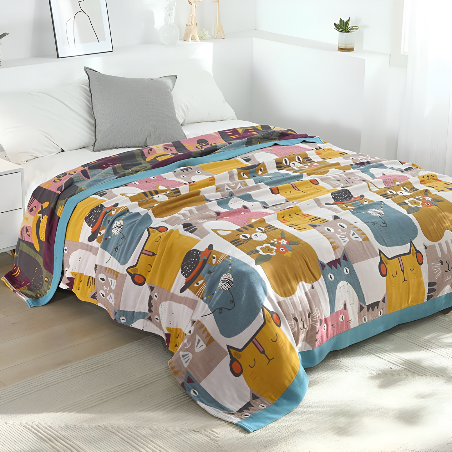 Children's Blanket Reversible Cat Print 100% Cotton