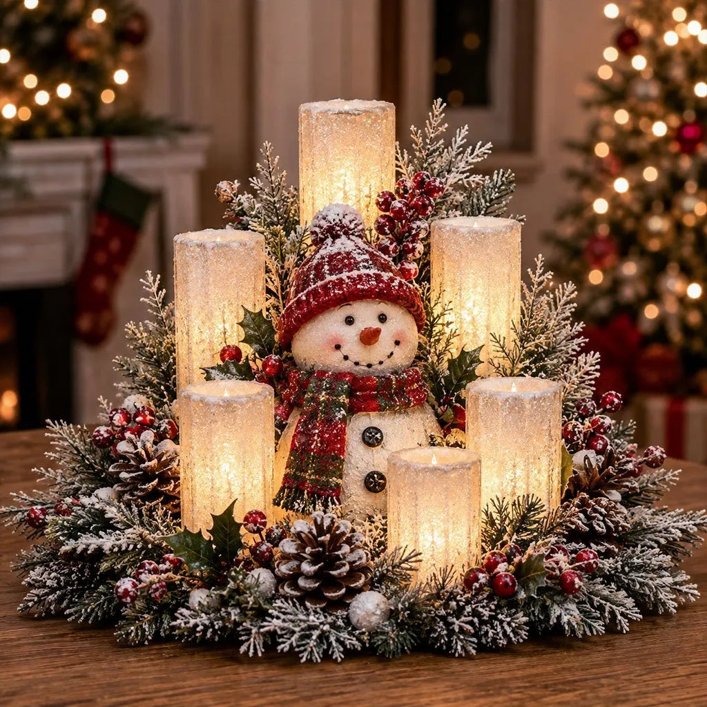 Christmas Centerpiece Flameless Candle Lights Evergreen Arrangement
