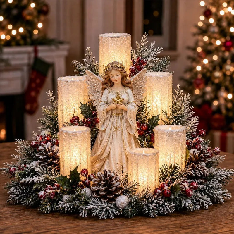 Christmas Centerpiece Flameless Candle Lights Evergreen Arrangement