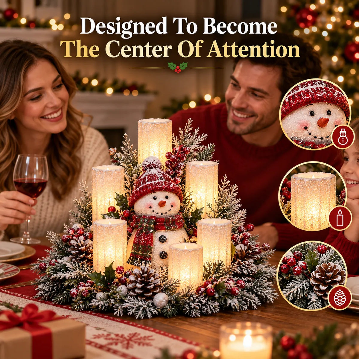 Christmas Centerpiece Flameless Candle Lights Evergreen Arrangement