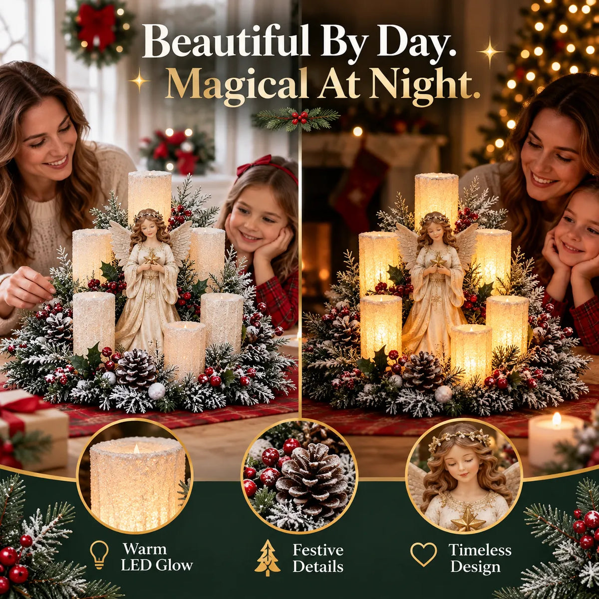 Christmas Centerpiece Flameless Candle Lights Evergreen Arrangement