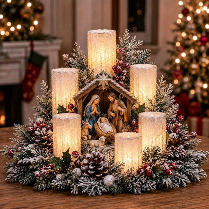 Christmas Centerpiece Flameless Candle Lights Evergreen Arrangement