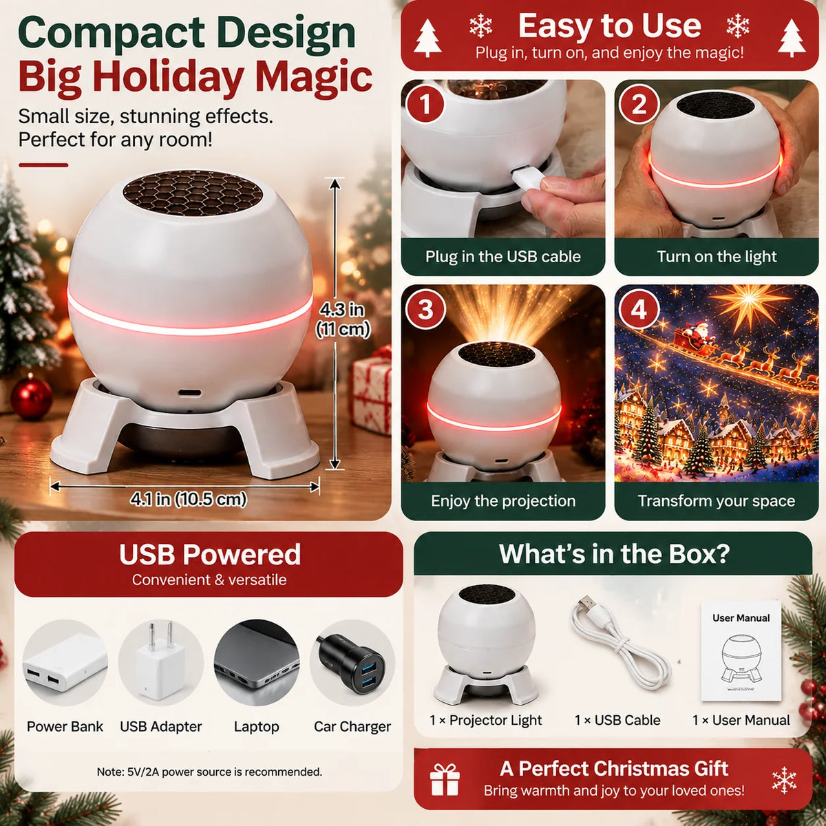 Christmas Light Projector Moving Patterns USB Powered