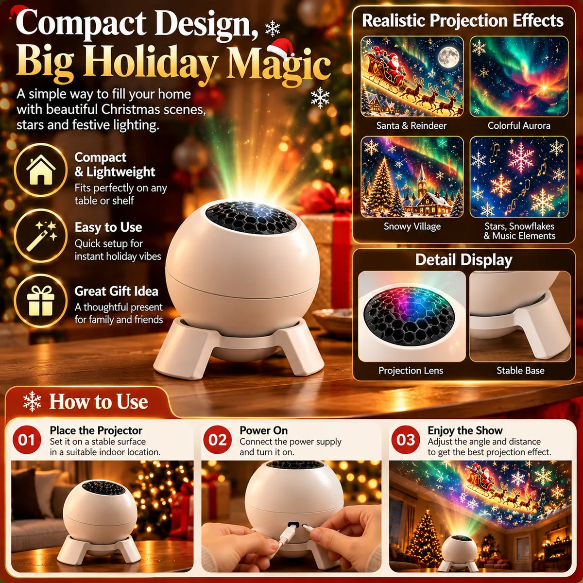 Christmas Projection Light Compact Tabletop Indoor Decor