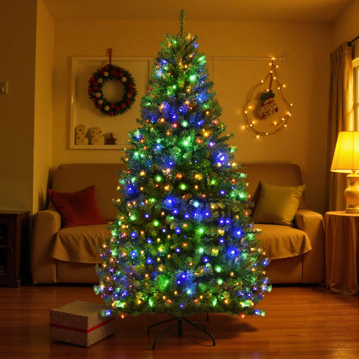 Christmas Tree Pre-Lit 6 Ft Warm White & Multicolor LED Lights hinged branches