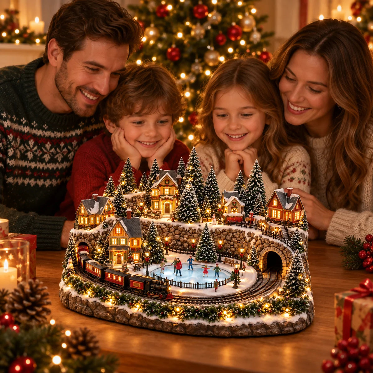 Christmas Village Decoration Moving Train & Skating Rink