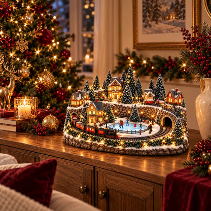 Christmas Village Decoration Moving Train & Skating Rink