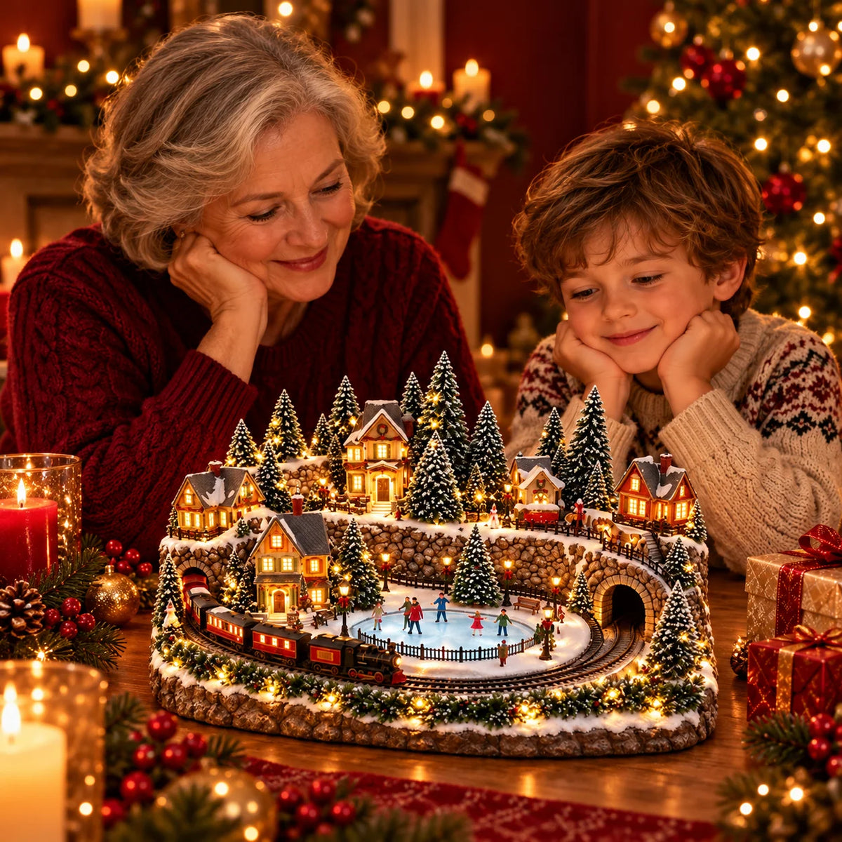 Christmas Village Decoration Moving Train & Skating Rink