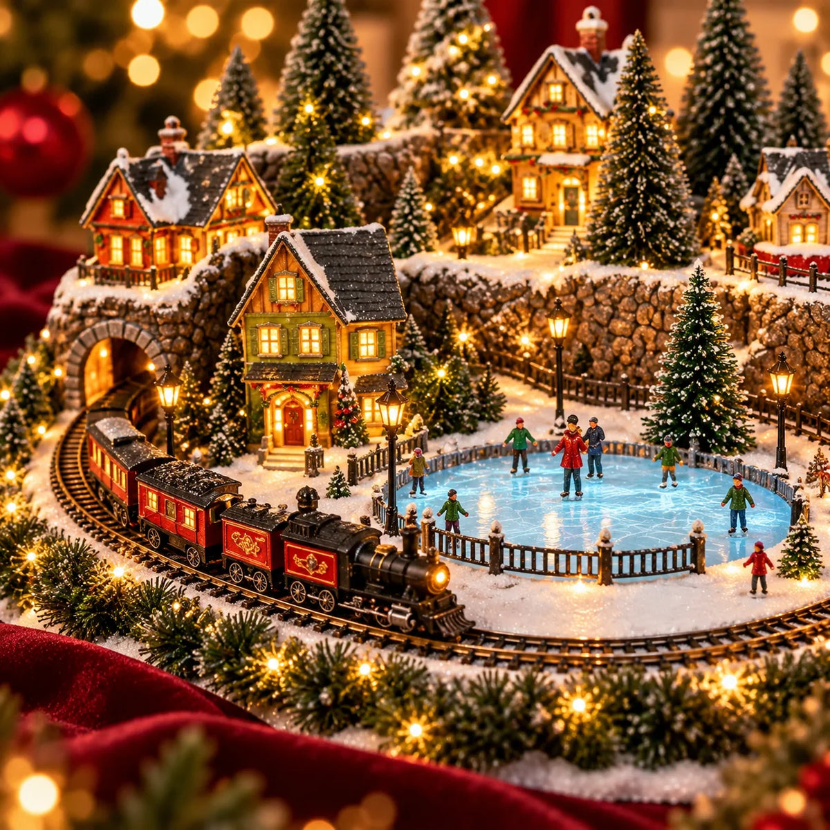 Christmas Village Decoration Moving Train & Skating Rink