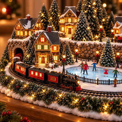Christmas Village Decoration Moving Train & Skating Rink