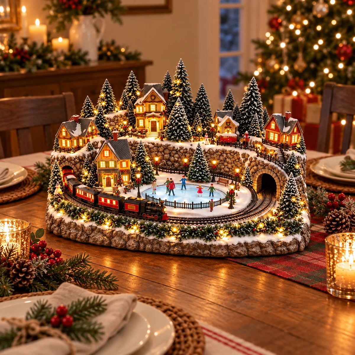 Christmas Village Decoration Moving Train & Skating Rink