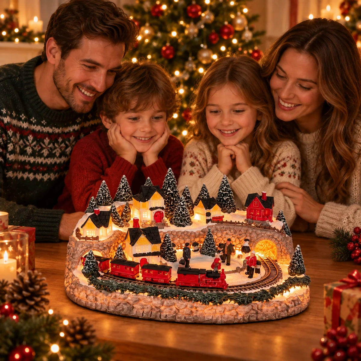 Christmas Village Display Lighted Multi-Level Train & Sleigh