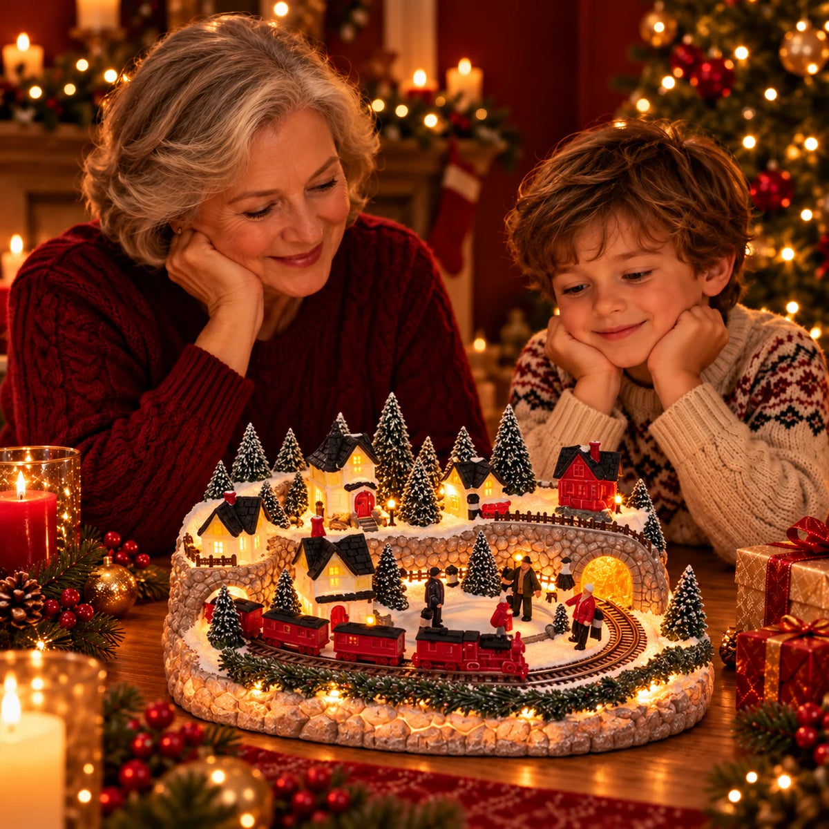 Christmas Village Display Lighted Multi-Level Train & Sleigh