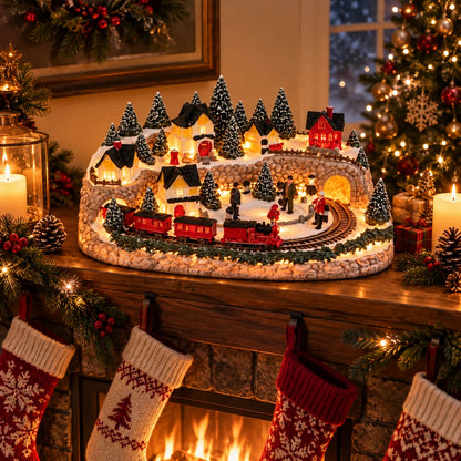 Christmas Village Display Lighted Multi-Level Train & Sleigh
