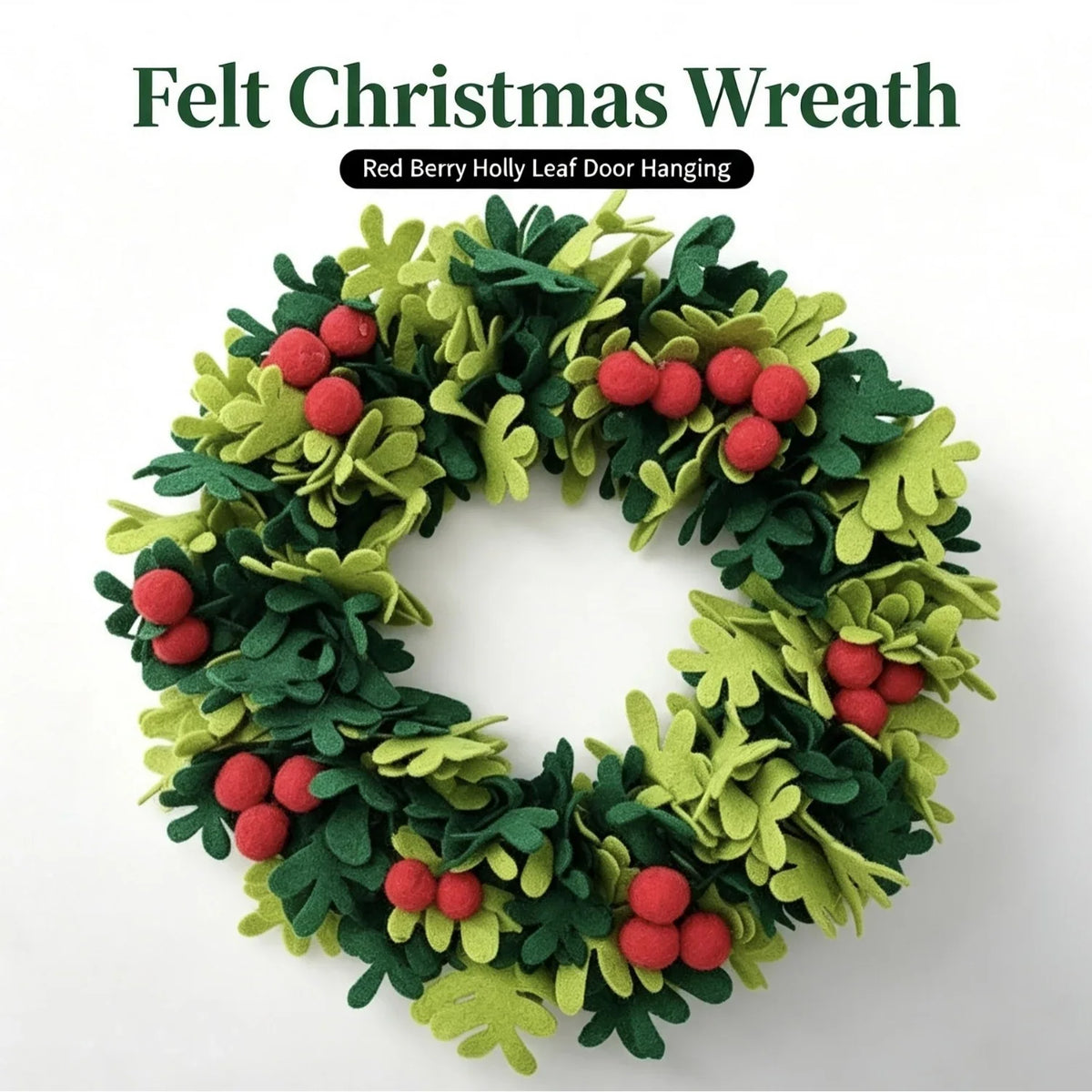 Christmas Wreath Felt Holly Leaves & Red Berries Lightweight Decor