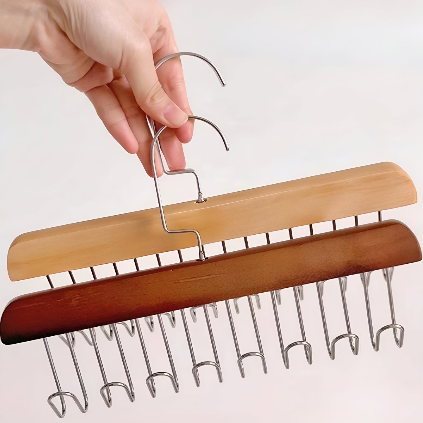 Closet Hanger 360-Degree Rotating Wood Finish & Stainless Hooks