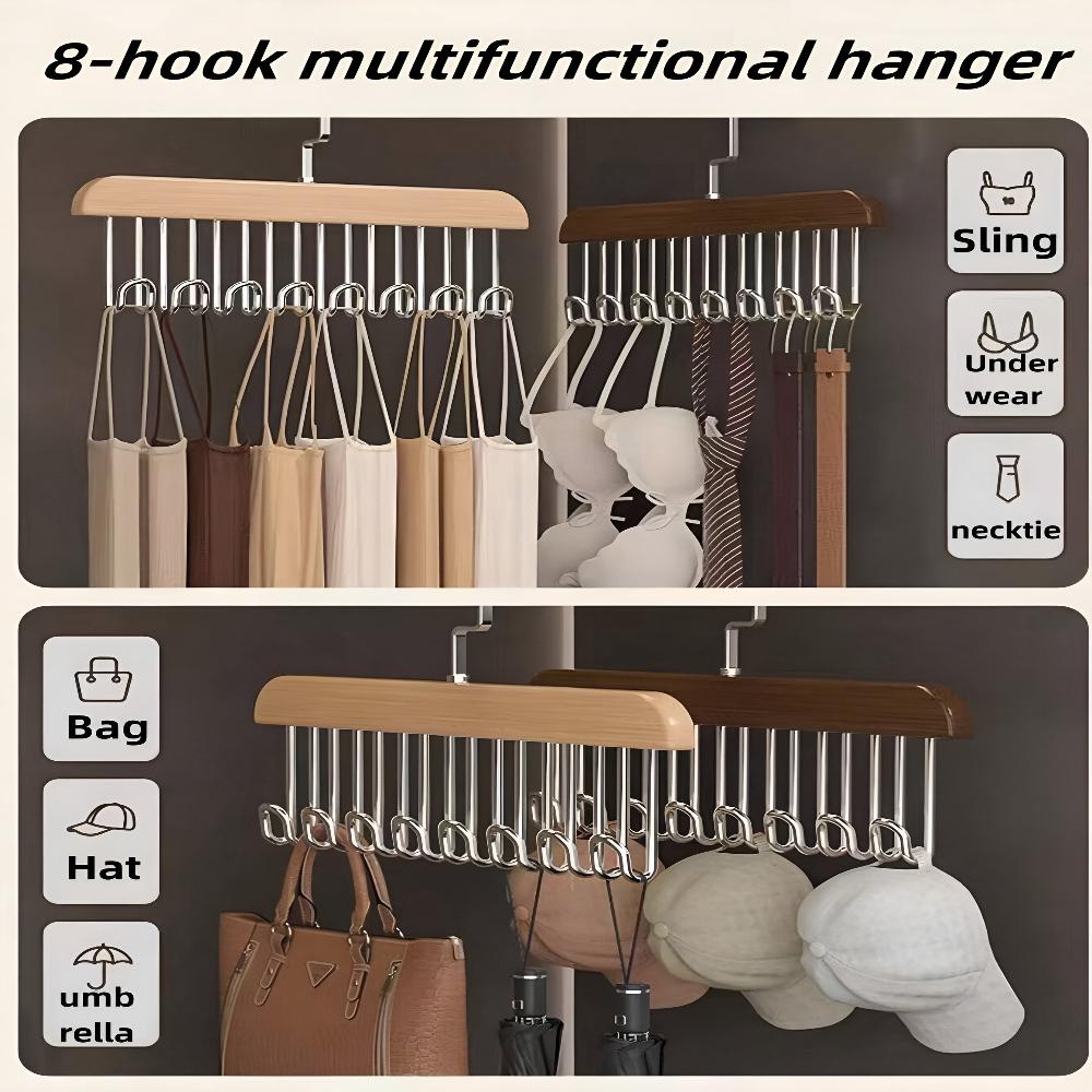 Closet Hanger 360-Degree Rotating Wood Finish & Stainless Hooks