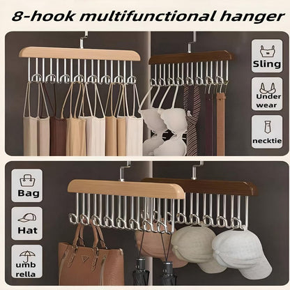 Closet Hanger 360-Degree Rotating Wood Finish & Stainless Hooks