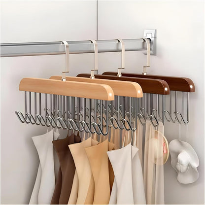 Closet Hanger 360-Degree Rotating Wood Finish & Stainless Hooks