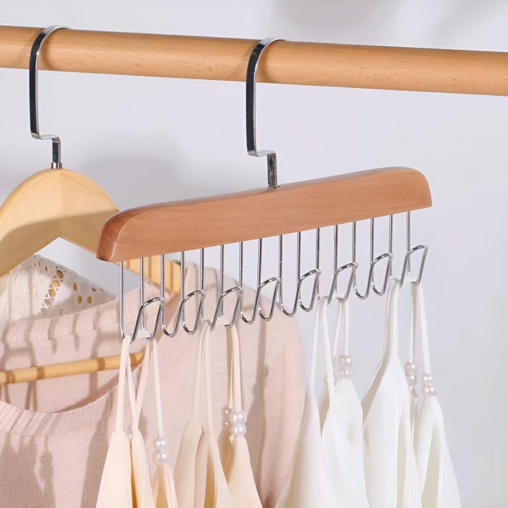 Closet Hanger 360-Degree Rotating Wood Finish & Stainless Hooks
